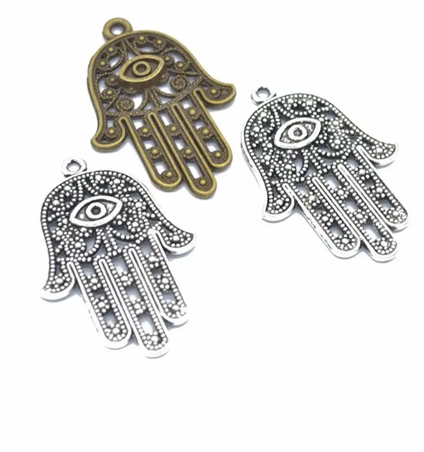 

20pcs Charms Hamsa Palm Fatima Hand Protection 42*28mm Antique Bronze Silver Color Pendants Making DIY Handmade Finding F0450