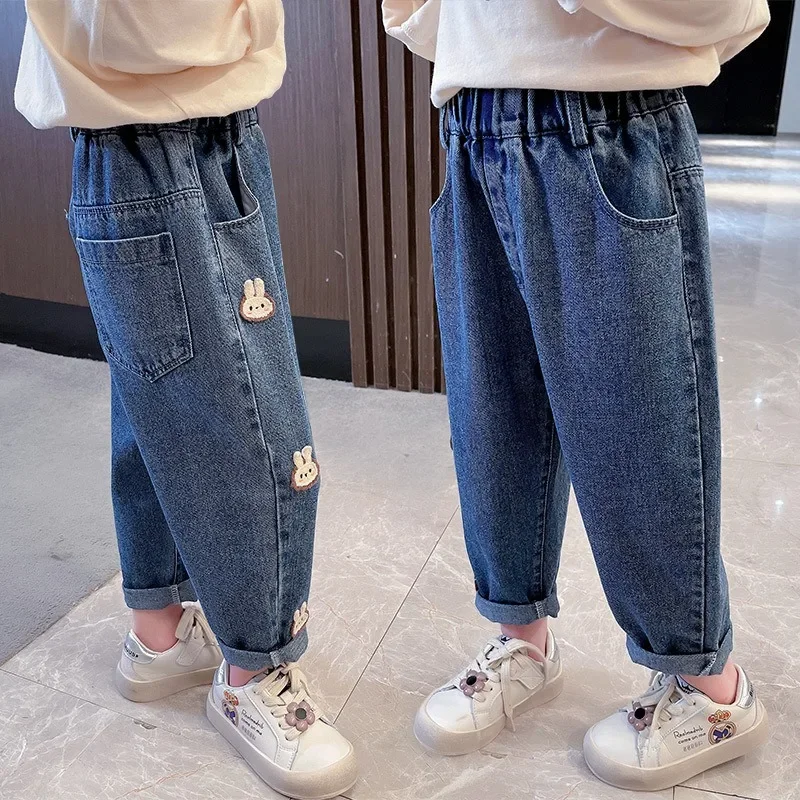 2024 Spring Fashion Comfortable Cute Cartoon Rabbit Pattern Jeans for Girls Kids\' Jeans for Casual Outfits