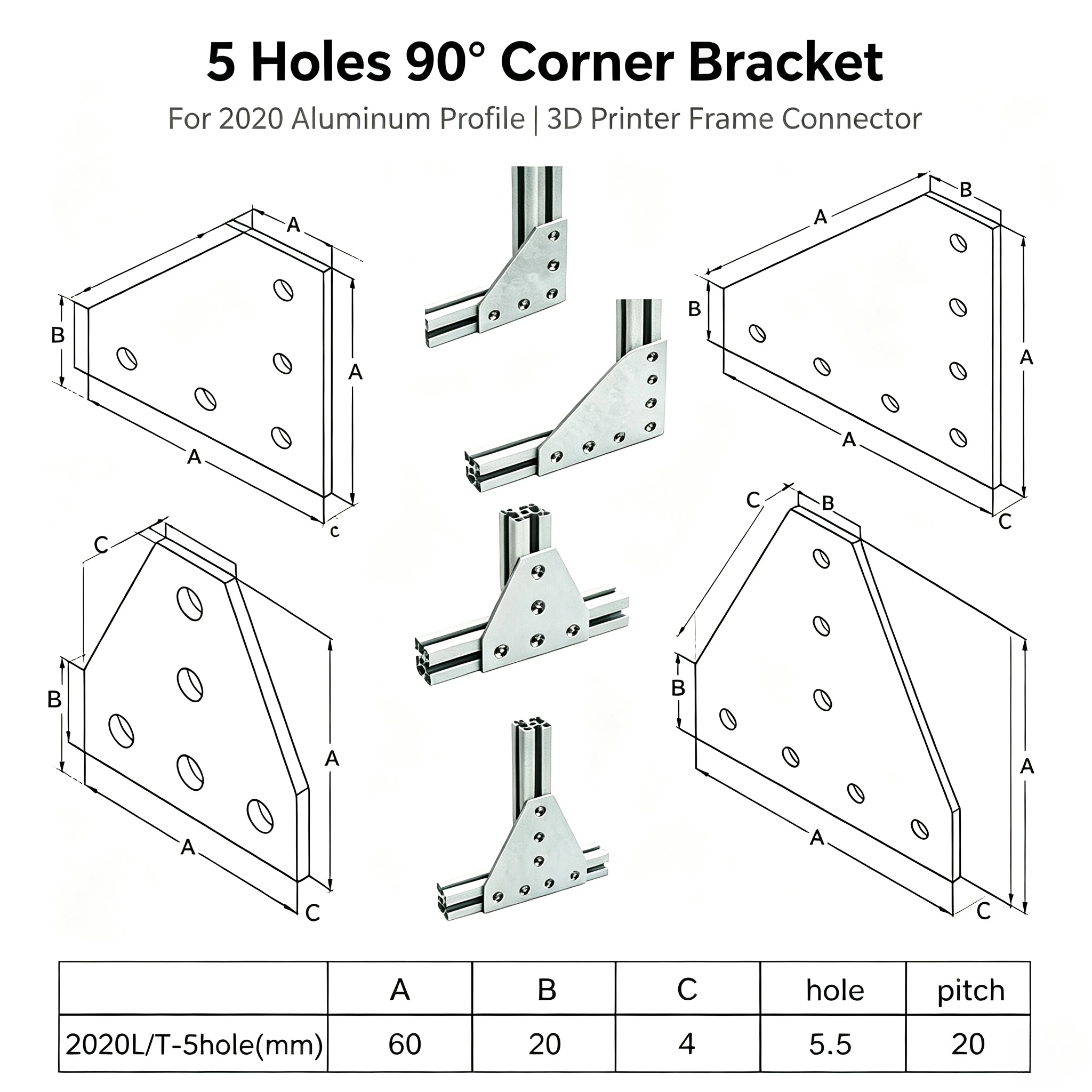 5 Holes 90° Corner Angle Bracket Joint Strip, Connection Connector for 2020 Aluminum Profile 3D Printer Frame Parts