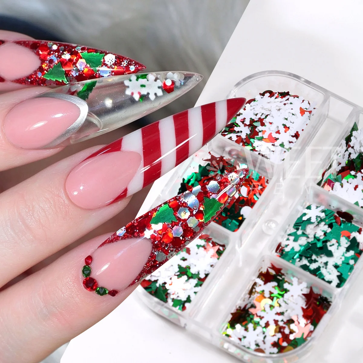 2 Boxes Winter Snowflakes Nail Glitter Sequin Mixed Red Star Green Xmas Tree Shape Iridescent Crystal Flakes Xmas Manicure Flash