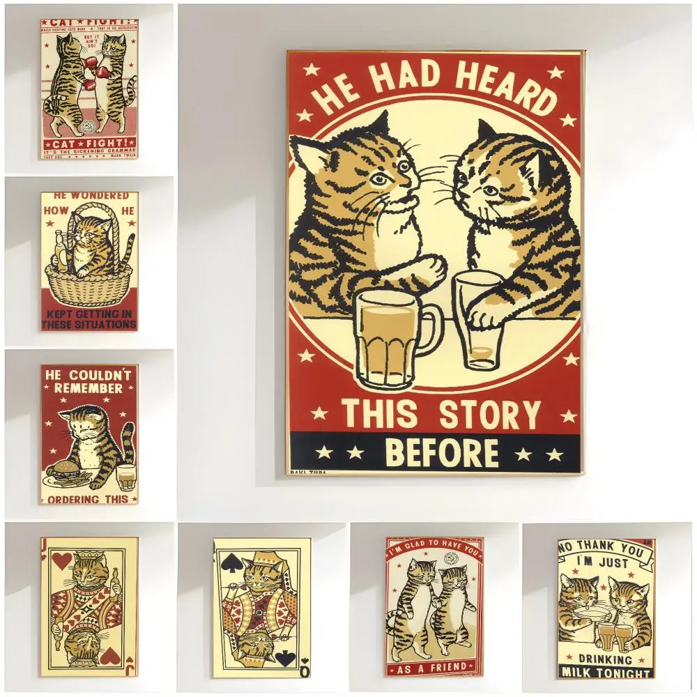 Anime Illustration Drunk Dinner Pet Cat Classic Anime Poster Classic Wall Art  Home Decor  Peel and Stick Unframed
