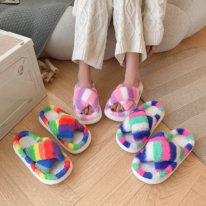 2026 Autumn Winter Women's colorful mixed color Fluffy Slippers Luxury Plush Home Shoes Fashion Fuzzy Fur Slides Flats Footwear