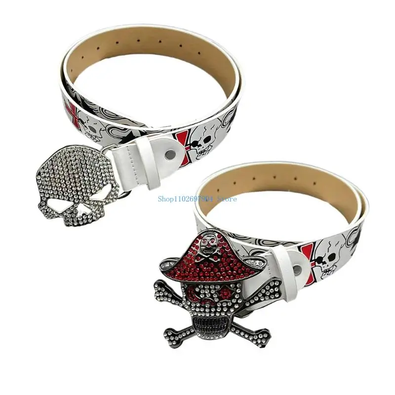 

N7YF Adjustable Waistband Punk Embossed Waist Belt Skull Charm Waist Cincher