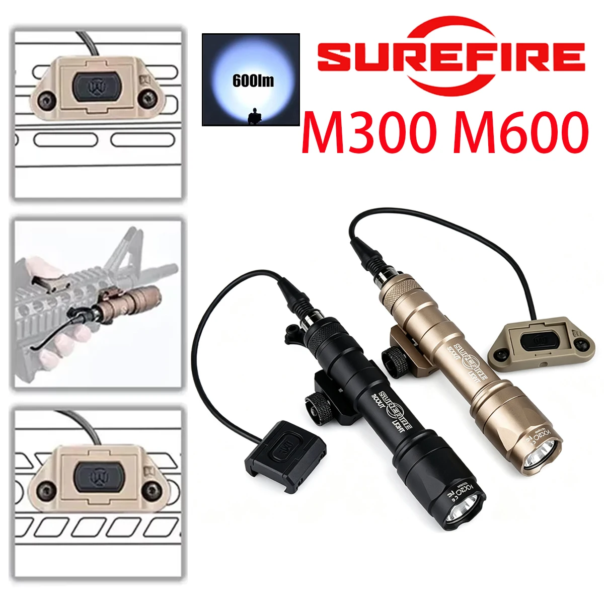 Lampe torche tactique puissante Surefire M300 M300U UNITY avec interrupteur de pression à distance, adaptée aux rails de 20 mm, pour la chasse, les activités de plein air et l'airsoft.