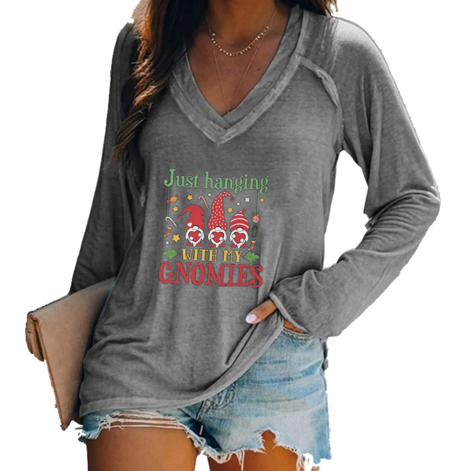 Women's long sleeved V-neck contrasting color patchwork casual oversized T-shirt top versatile temperament and personality