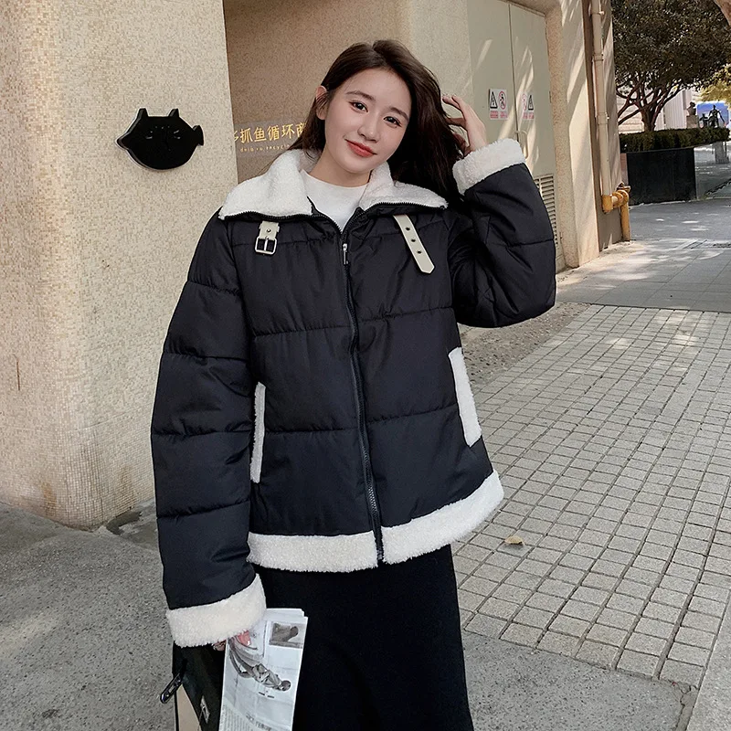 2025 Winter New Lamb Feather Down Cotton Jacket Cotton Clothing Women's Short Lapel Bread Jacket