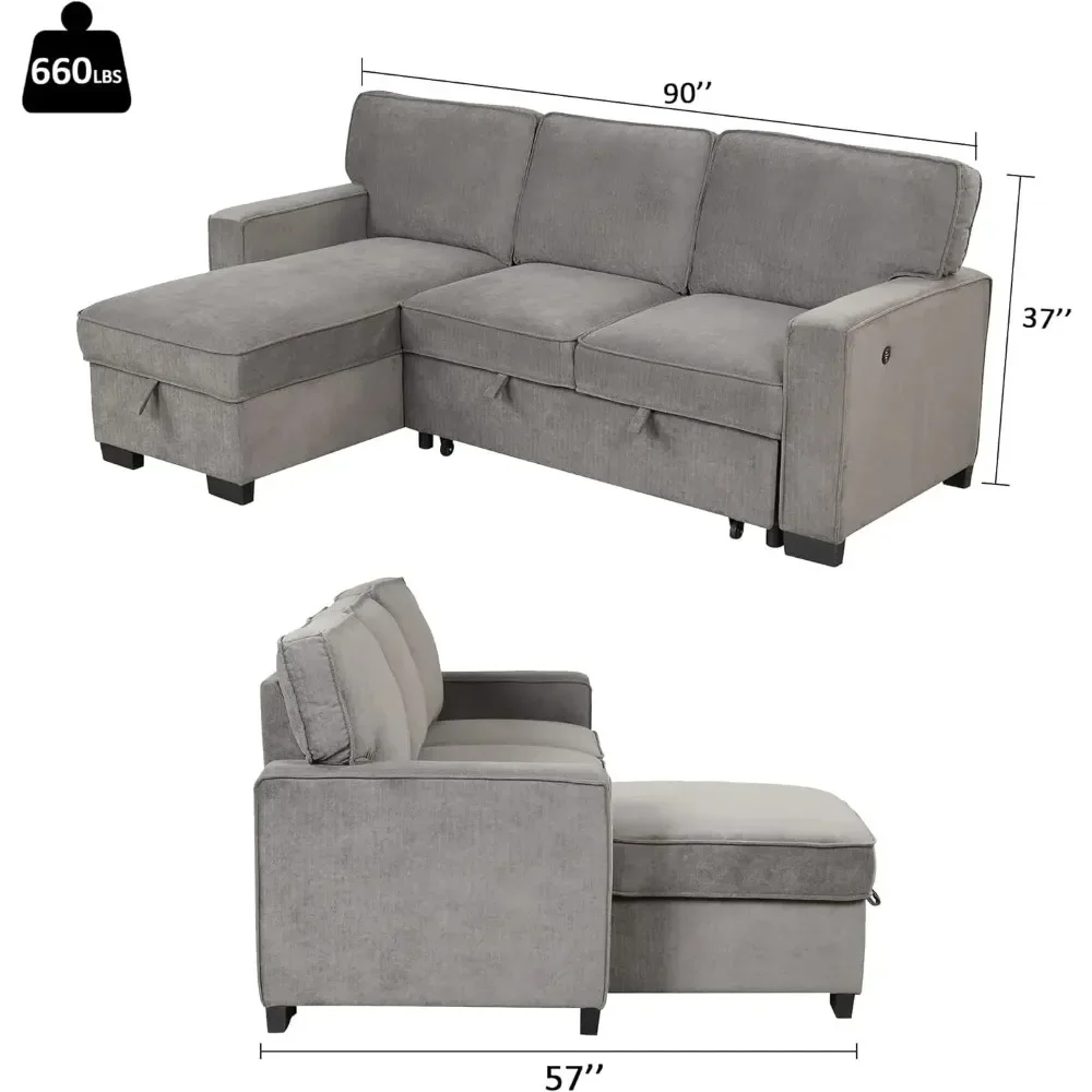 Convertible Sleeper Sofa 3 in 1,, Pull Out Sectional Futon Sofa Bed with Storage Space, USB Ports and Cup Holders for Bedroom