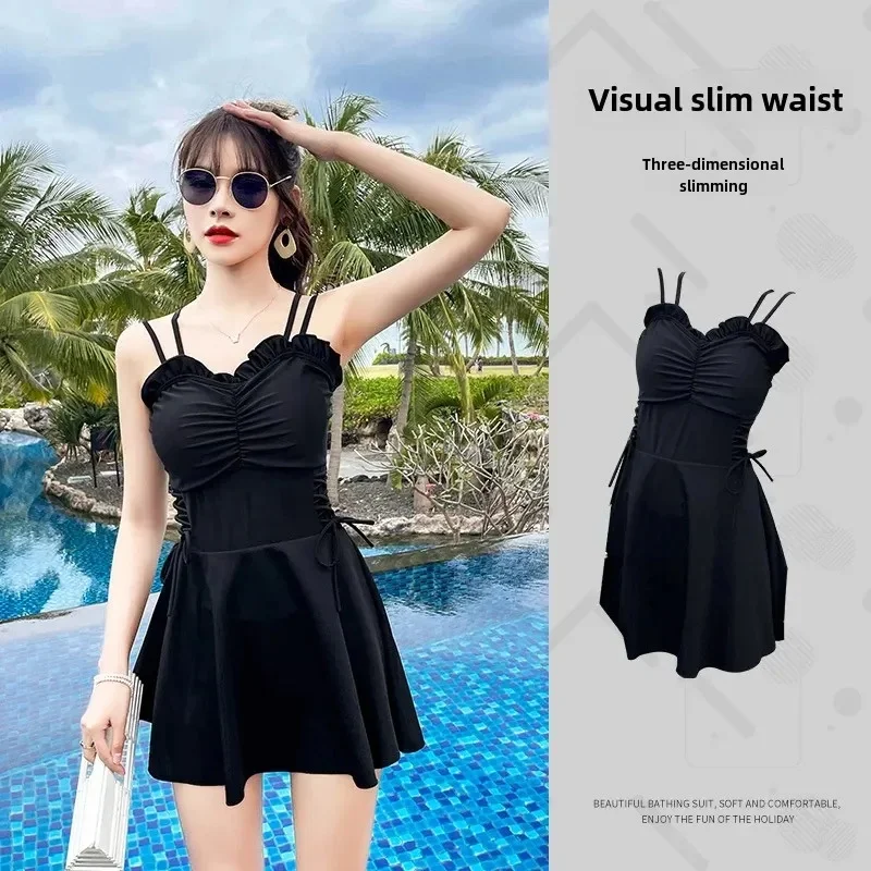 

Fashionable Sexy Conservative Swimwear Women's Slimming Gathered Skirt Solid Color Swimsuit Pure Desire Child Suit Wholesale