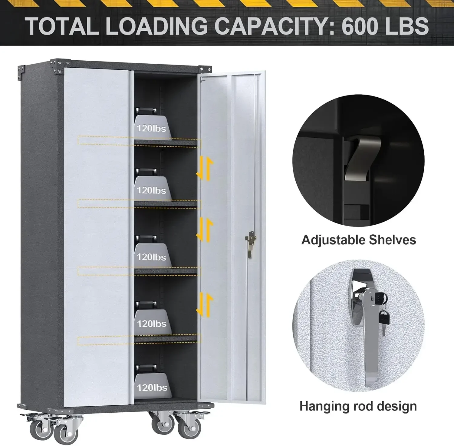 Gabinete de almacenamiento de garaje con ruedas, gabinete rodante ajustable de Metal con cerradura, gabinete de utilidad de Metal para oficina en casa para garaje