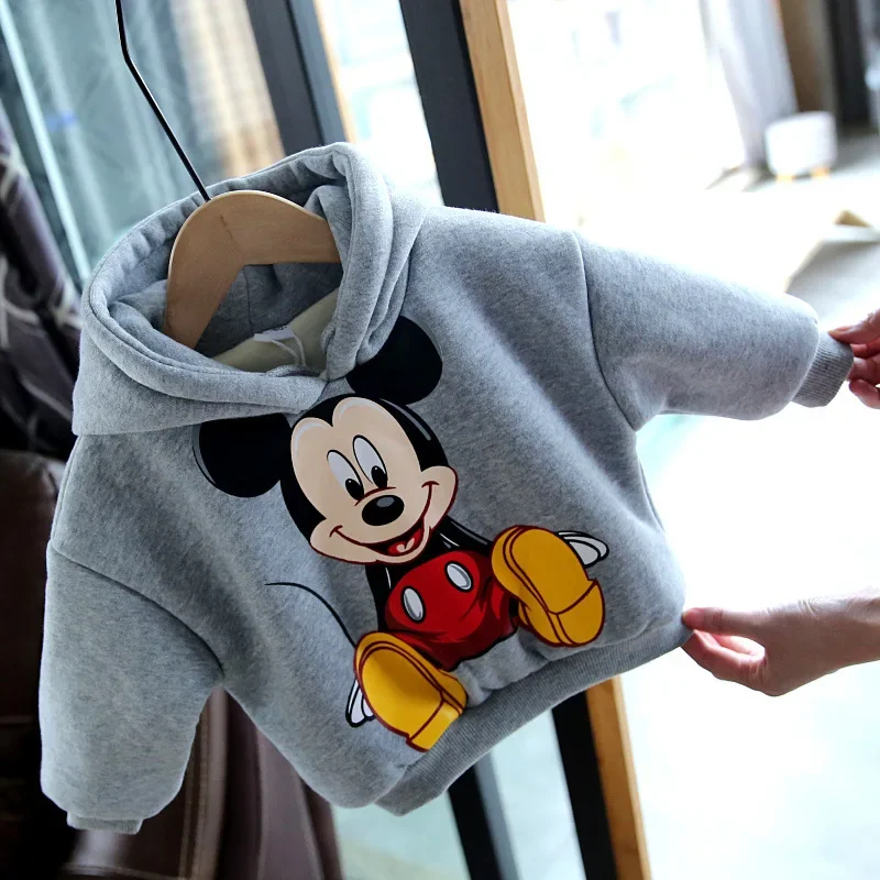 Disney-suéter infantil mickey mouse com capuz, roupas de veludo, tops de manga comprida, desenhos animados, bebês meninos, meninas, criança, outono,