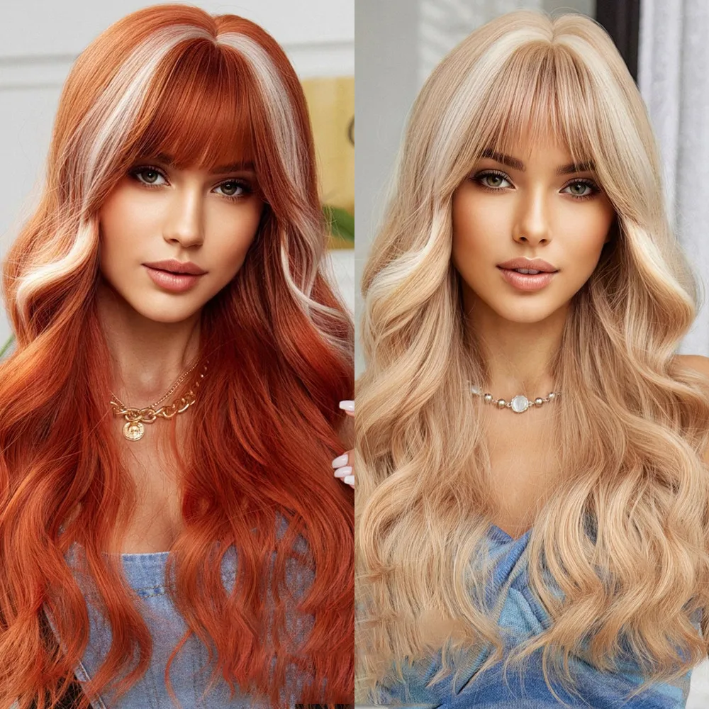 Cool Highlight Synthetic Wig Women Long Wavly Cured Hairpieces With  Bangs Fashionable Two-color Full Hair Cover