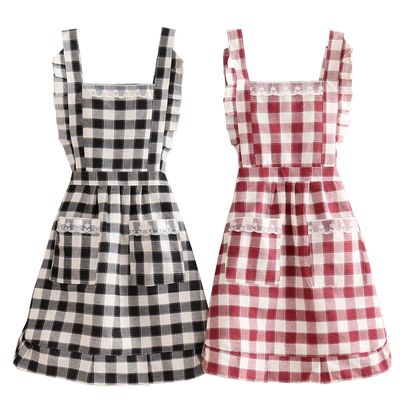 Fashion Breathable Waist Cute Plaid Home Apron Ladies Thin Princess Skirt Japanese Kitchen Work Clothes