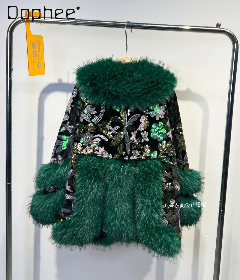 Europäische Station Winter Grün Pelzmantel für Frauen Schwere Pailletten Patchwork Farbe Plüsch Umlegekragen Casual Trendy Faux Pelzmantel