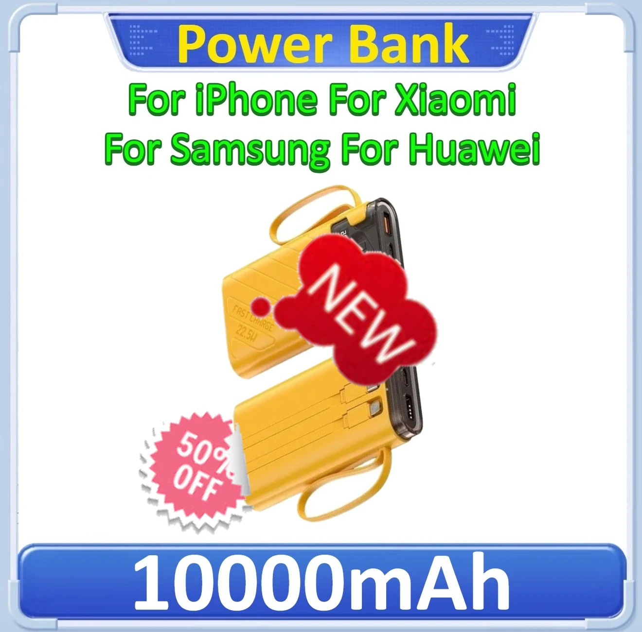 

10000mAh Power Bank For iPhone For Xiaomi For Samsung For Huawei With Digital Display Built in Cables 22.5W Super Fast Charging