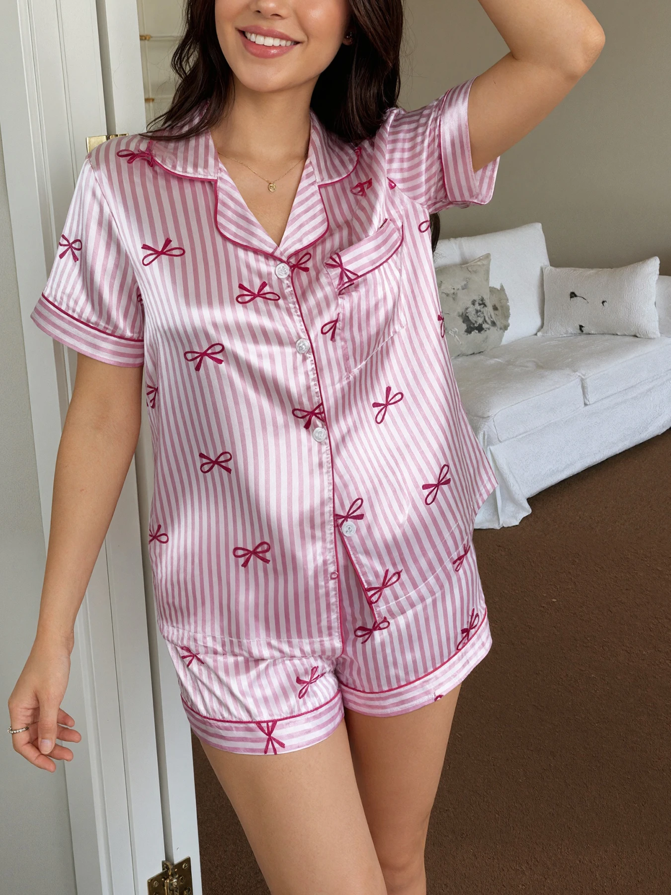 Faux Silk Striped Bow Tie Pajama Set | Lapel Short Sleeve Shorts Women Summer Light Sleepwear