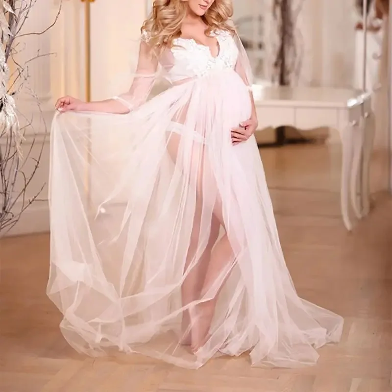 Vestido largo Sexy para fotografía de embarazo, vestidos largos blancos transparentes de tul para Baby Shower, vestidos de maternidad para sesión de