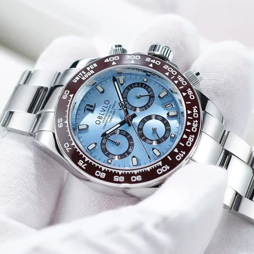 OBLVLO Men Chronograph Watch Pilot 40mm Quartz Wristwatch 50M Waterproof Sapphire Luminous VK63 Mov Ceramic Bezel