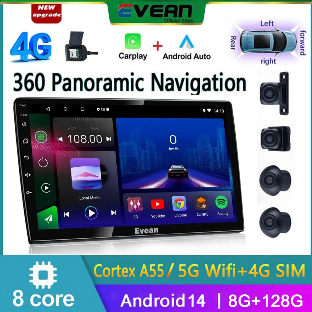 

Evean 8G 128G 4G SIM Octa Core Car Radio Wireless Carplay And Android Auto 2 din Multimedia Player 360 Panoramic Camera System