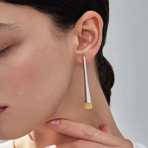 

Brass With 18K Natural Stone Long Bar Drop Earrings Women Jewelry Punk Party T Show Gown Runway Korean Japan INS