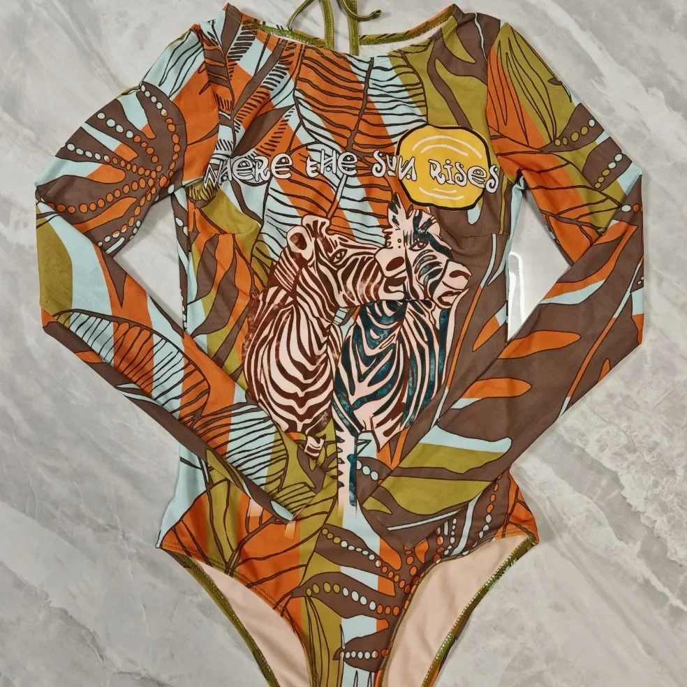 Women's Multi-Color Mesh Sunscreen One-Piece: Sexy Cup-Less Long-Sleeve Swimsuit view 3