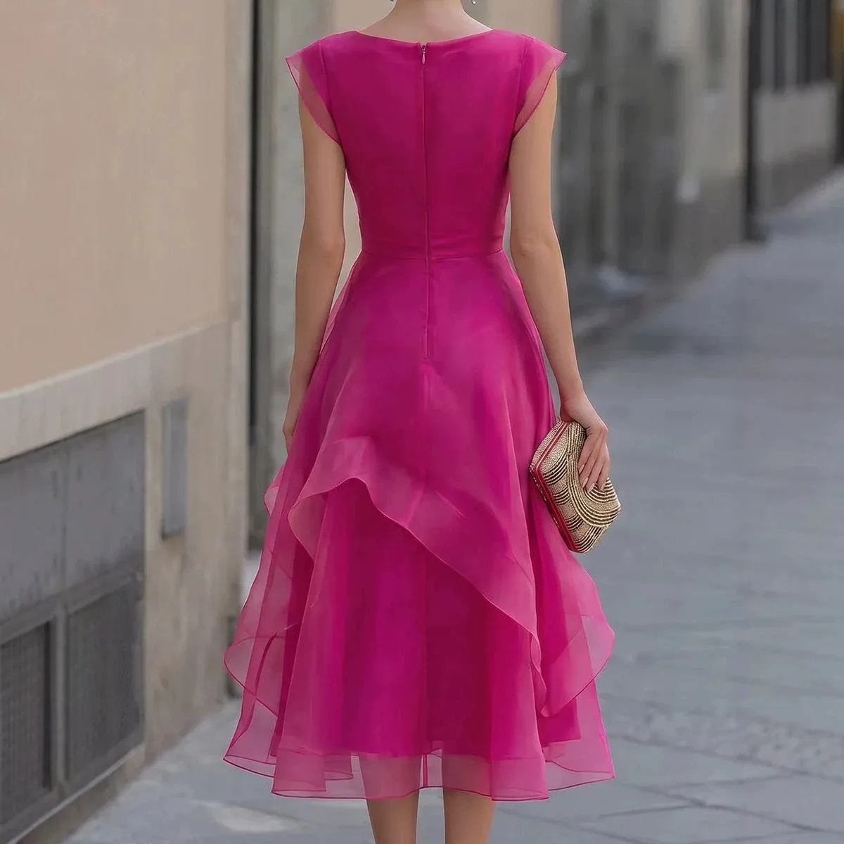 Lined Ruffle Dress Mid Waist Private Celebrity Style with Elegant Date Regular Sleeve Midi Length Slim Fit Party Dress for Women