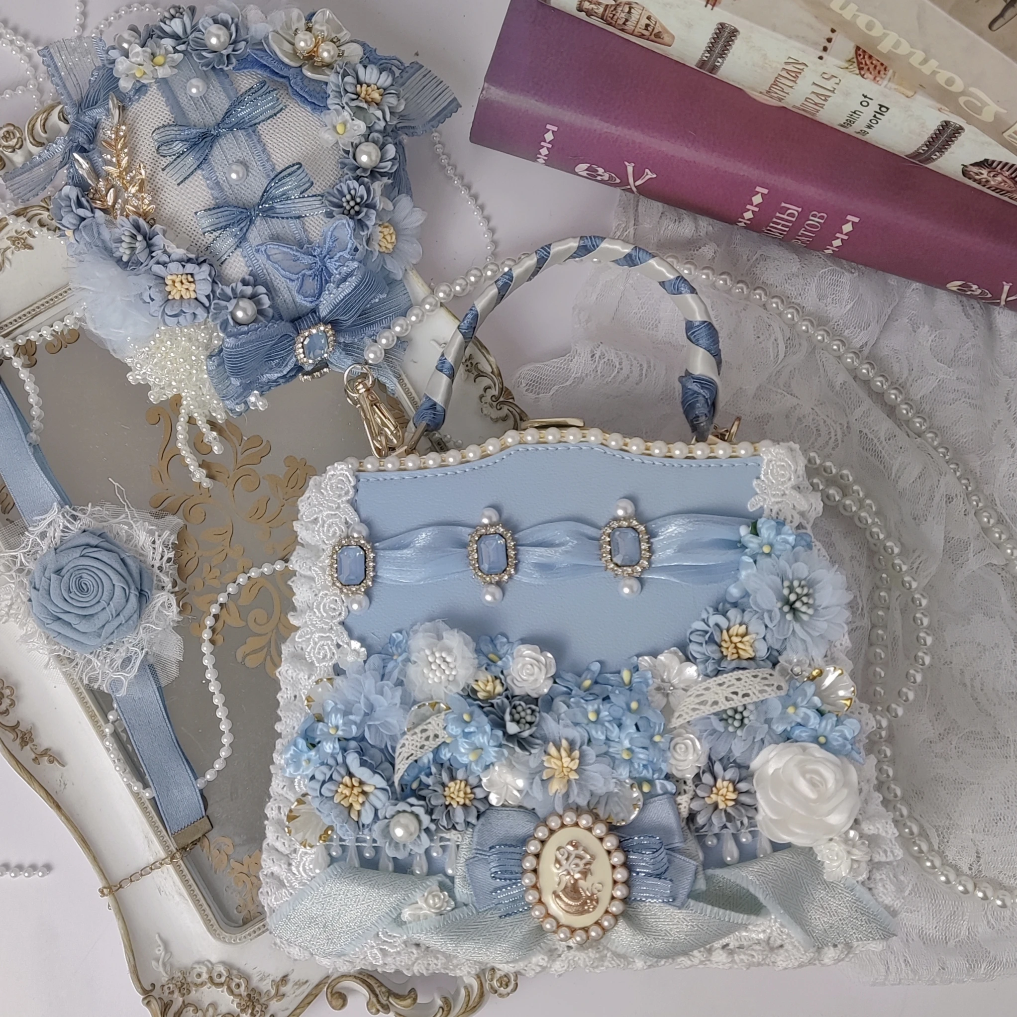 Women Girl Lolita Vintage Handbags Satchels Flowers Bowtie Imitation Pearl Shoulder Bag Crossbody Bags Luxury Lace Ribbon Blue