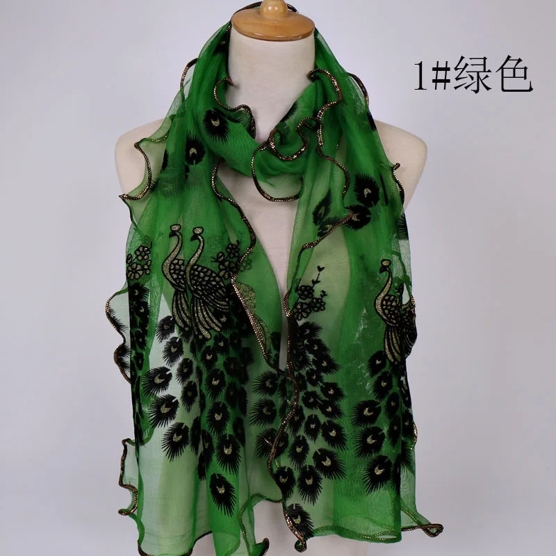 The New 2024 of Popular Fashion Peacock Flocking Breathable cut Scarves lace Ladies scarf Bronzed scarf 40x190cm