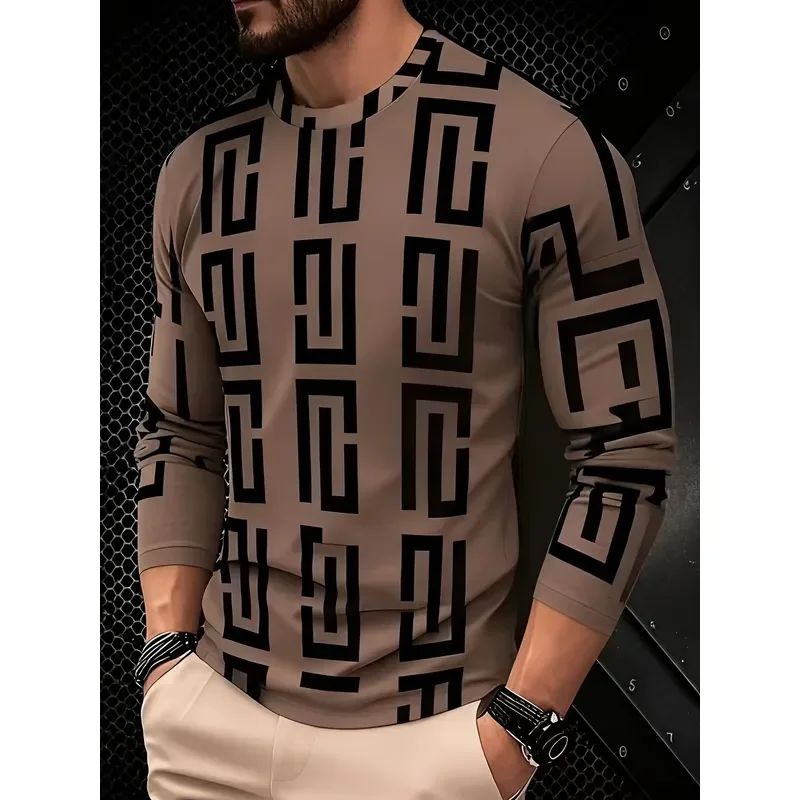 3D Printed Casual Long Sleeve Men T Shirt 2026 Geometric Color Block Splicing Retro Crew Neck Pullover Top Spring Autumn