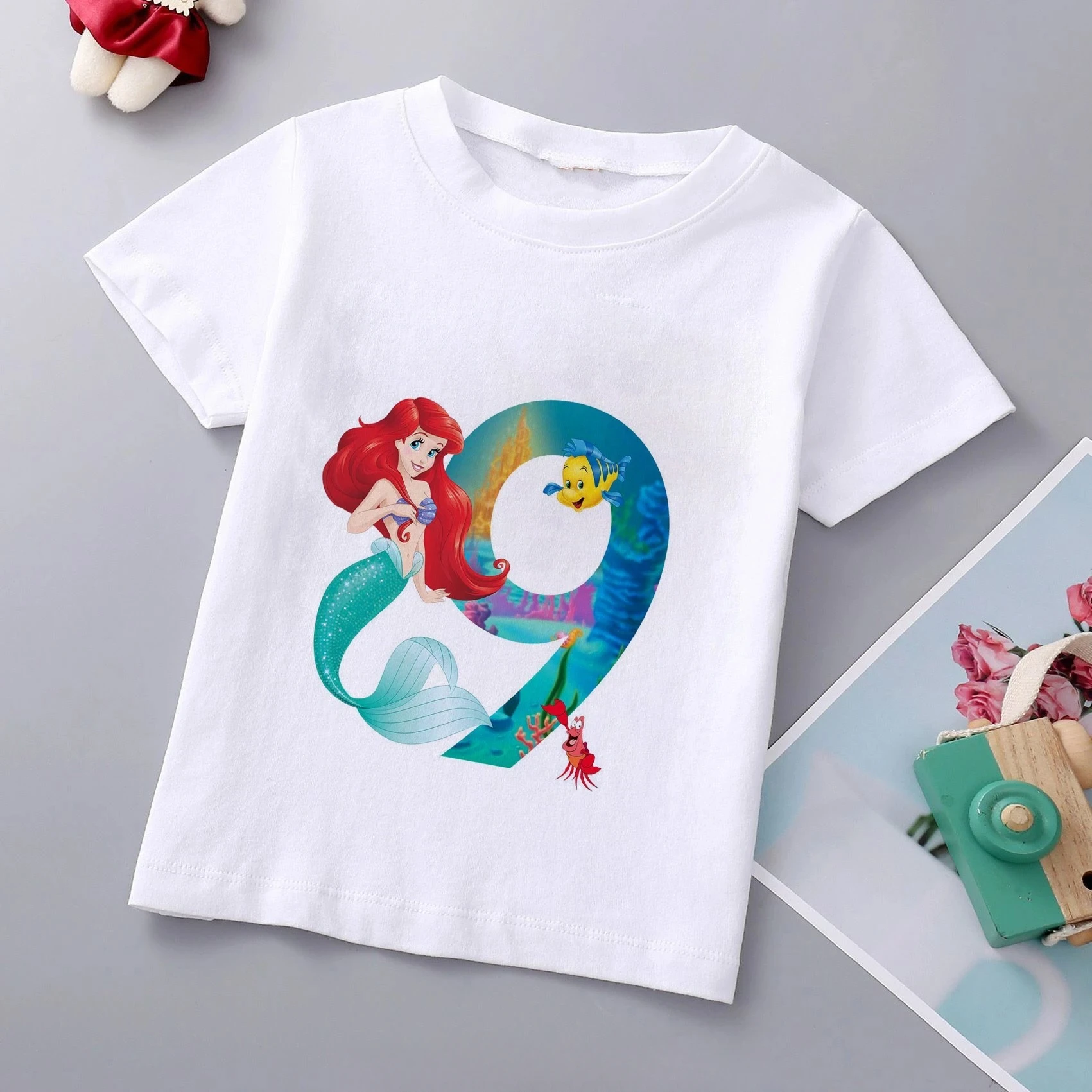 Disney Brand Girls Mermaid Princess Print Cotton T Shirt Ariel Princess Clothes Children Cartoon Top1-9Years Kids Birthday Gift