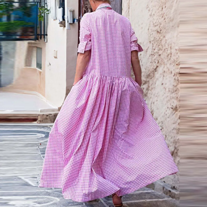 Imagem -02 - Vestido de Camisa de Peito Único com Bainha Grande Xadrez Estampado Manga Longa Solto Elegante Casual Lapela Escritório Moda Outono