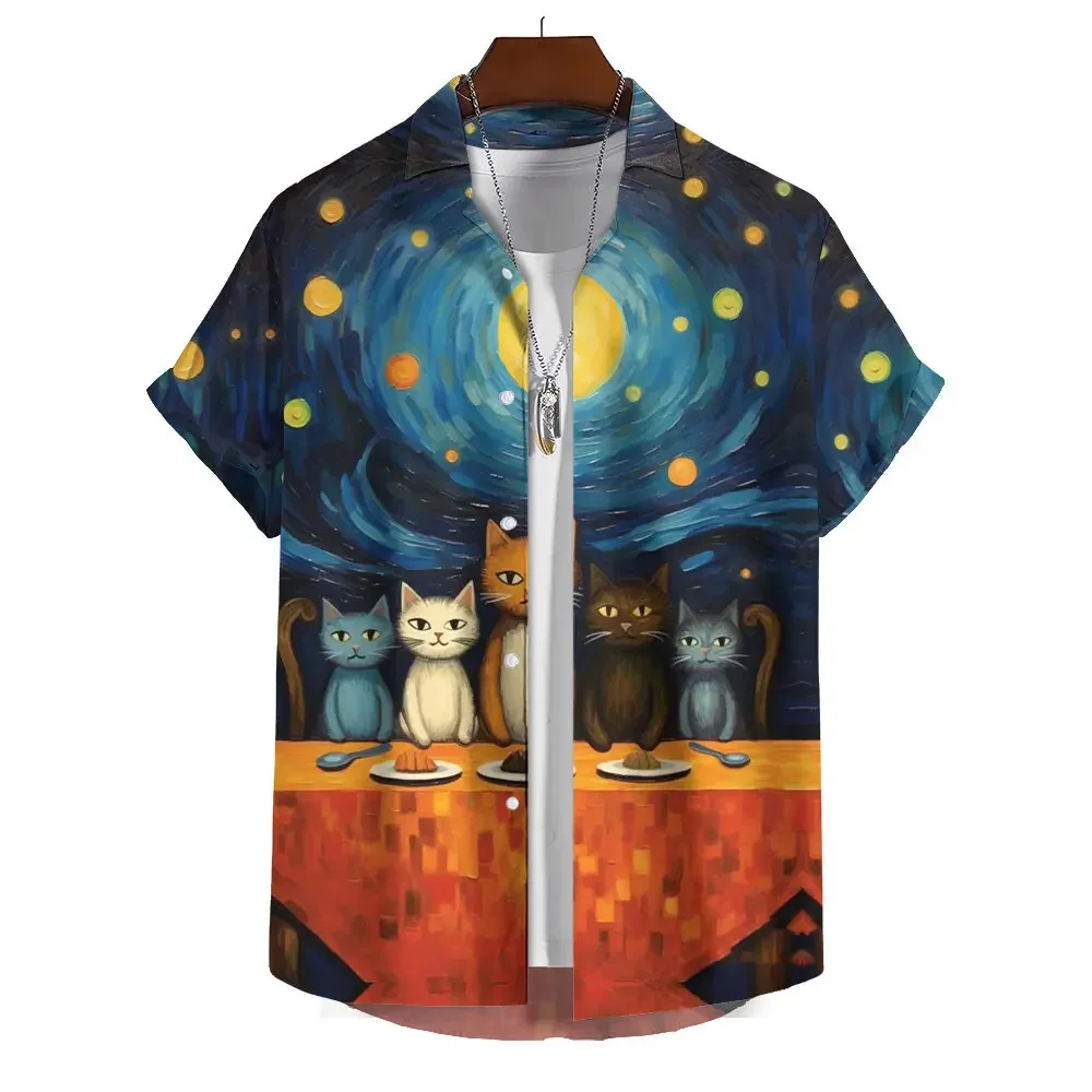 Sommer männer Gedruckt Kurzarm Shirt Ölgemälde Sternen Himmel Cartoon Katze Druck Straße Täglich Casual Übergroßen Tops GRÖßE S-5XL