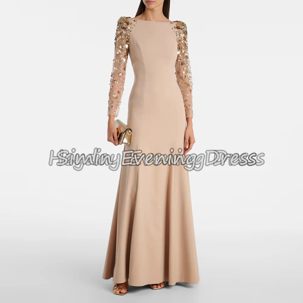 

Simin Crepe A-line O-neck Draped Beading Floor Length Simple Saudi Evening Dresses For Women 2025 With Long Sleeves Party Dress