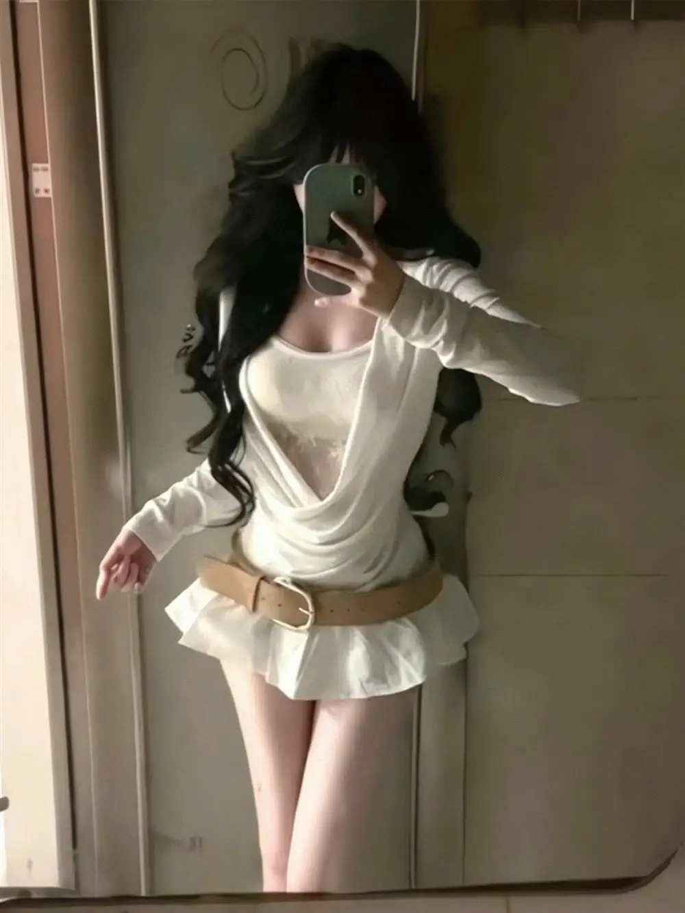 Sexy Pure Desire Spring Fashion Set Unique Personality High Waist Short Skirt Top Women's Clothing Ensemble Flounce Sleeve