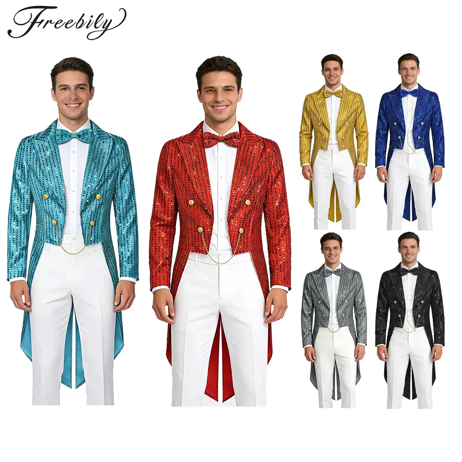 

Men Tuxedo Jacket Vintage Swallowtail Bowtie Sequin Jazz Dance Costume Tailcoat for Disco Party Proms Music Festival Outerwear