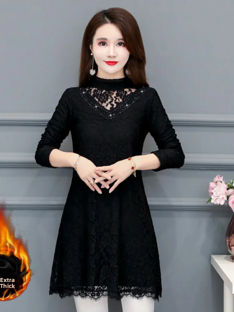 

Женская утепленная юбка-миди на кружевной основе с флисовой подкладкой, осенне-зимняя, модная, со стразами, утягивающая, скрывающая живот, размер S