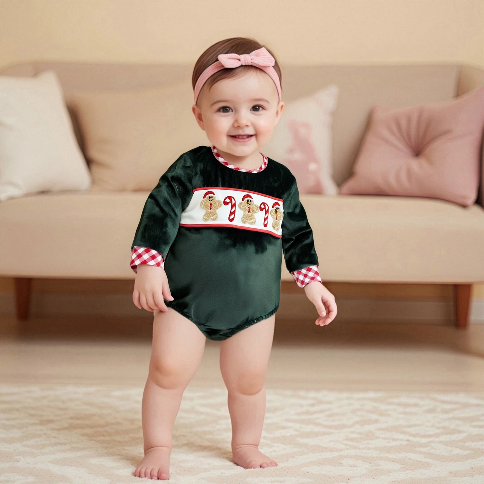 

Baby Christmas Romper Gingerbread Man Embroidery Long Sleeve Round Neck Bubble Jumpsuit Newborn Clothes