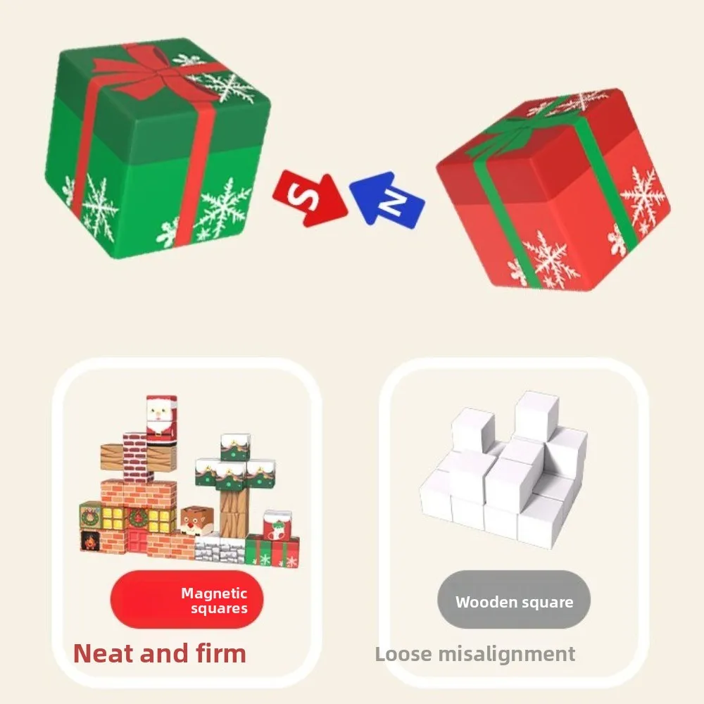 Vrolijk kerstfeest magnetische bouwstenen Veilig en duurzaam 45-delige magneetkubus met opbergdoos Educatieve bouwset