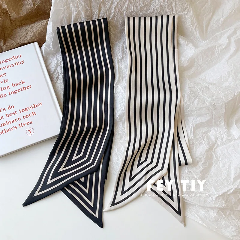 

Scandinavian Striped Minimalist Style Silk Scarf Women's Long Striped Fluttering Band Decorative Neck Scarf Long Thin Scarf