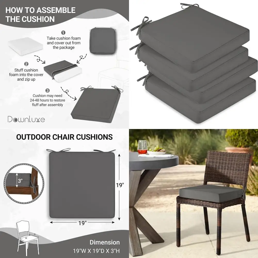 

Набор из 4 водонепроницаемых подушек для стульев для патио, 19 x 19 x 3, нескользящие завязки и ручка, съемный темно-серый чехол