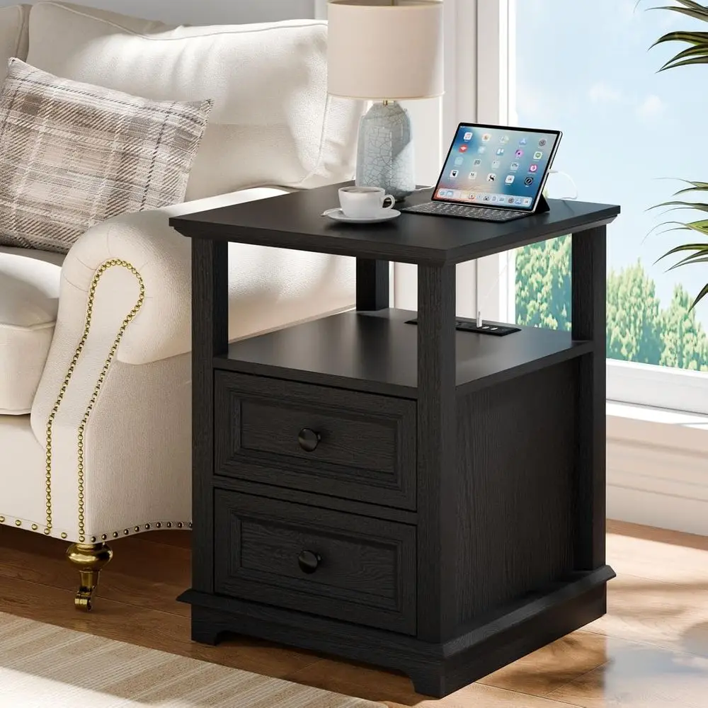 18 Wide Sofa Side Table with USB C Charging Station and Storage Cabinet for Living Room, Bedroom, or Office in Black