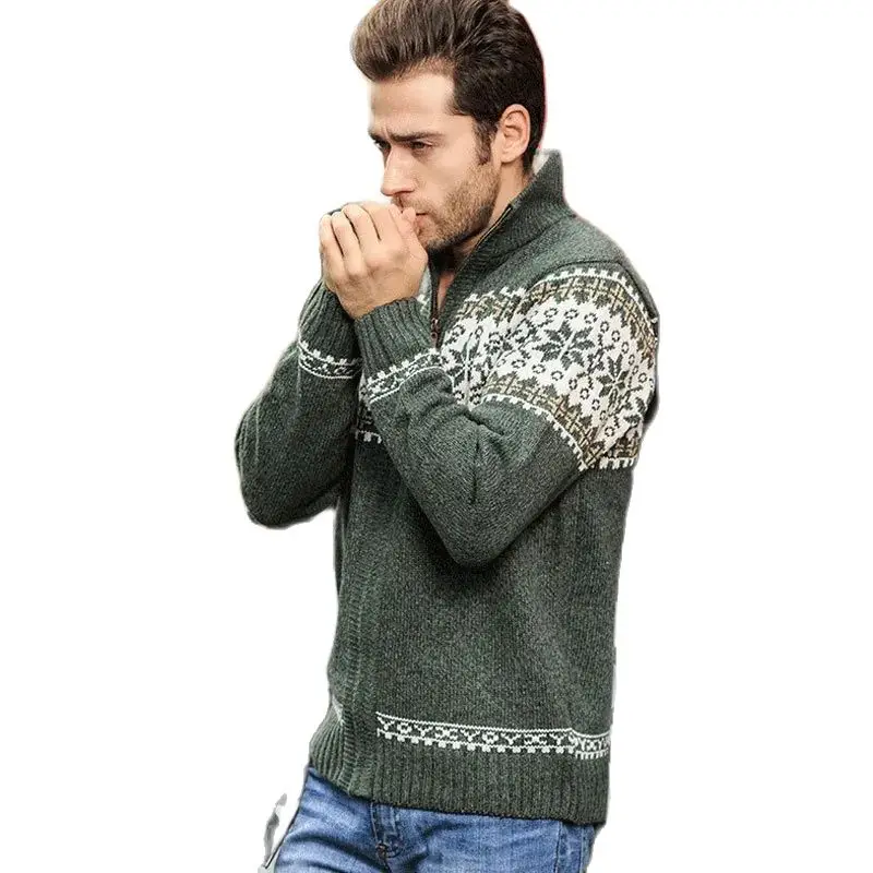 Winter Men\'s Jacquard Sweater Coat Christmas Snowflake Print Knitted Cardigan Turtleneck Full Zip Casual Warm Wool Sweater 5XL