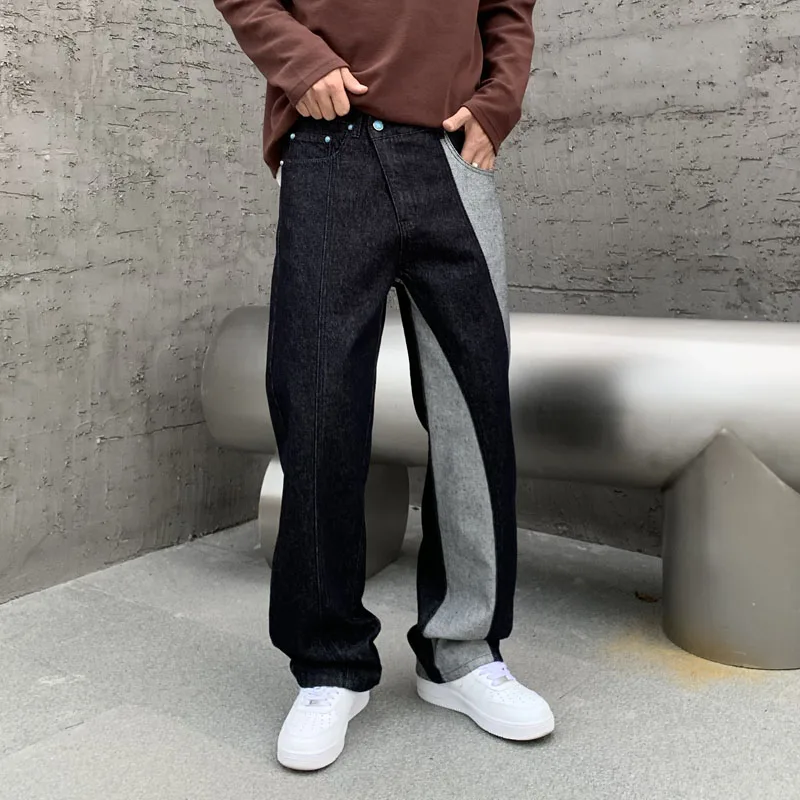 

Streetwear high-end tide fashion personality splicing collision color baggy jeans men y2k pants handsome men's wide-legged pants