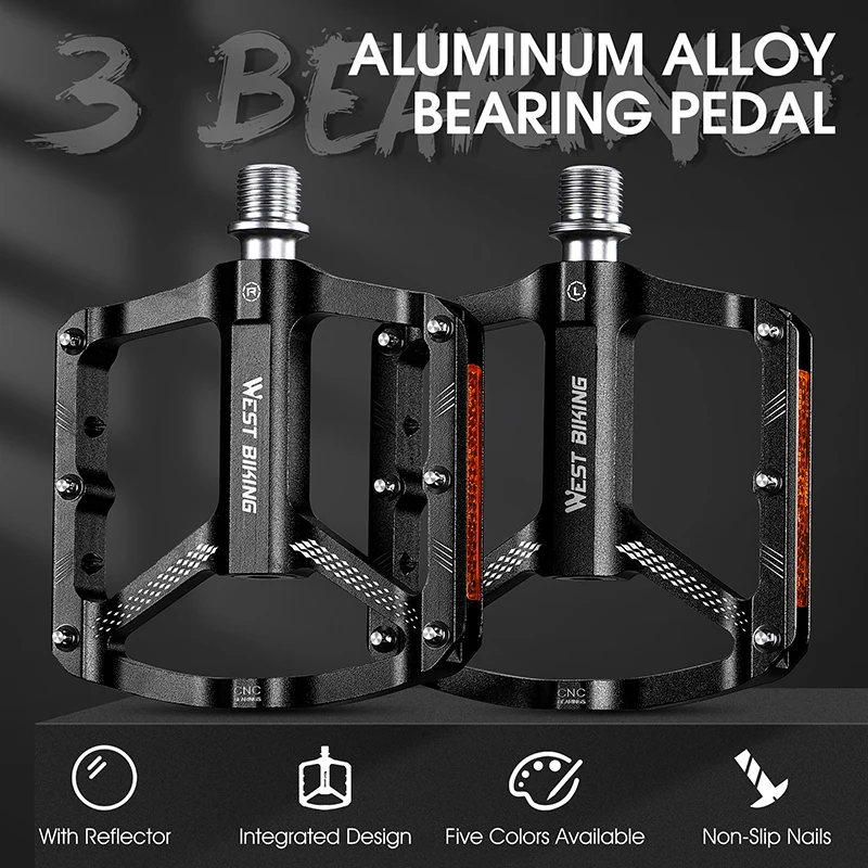 WEST BIKING Mountain Bike Reflective 3 Bearing Pedals Lightweight Aluminum Alloy Non-Slip Road Bike Flat Pedals For MTB BMX