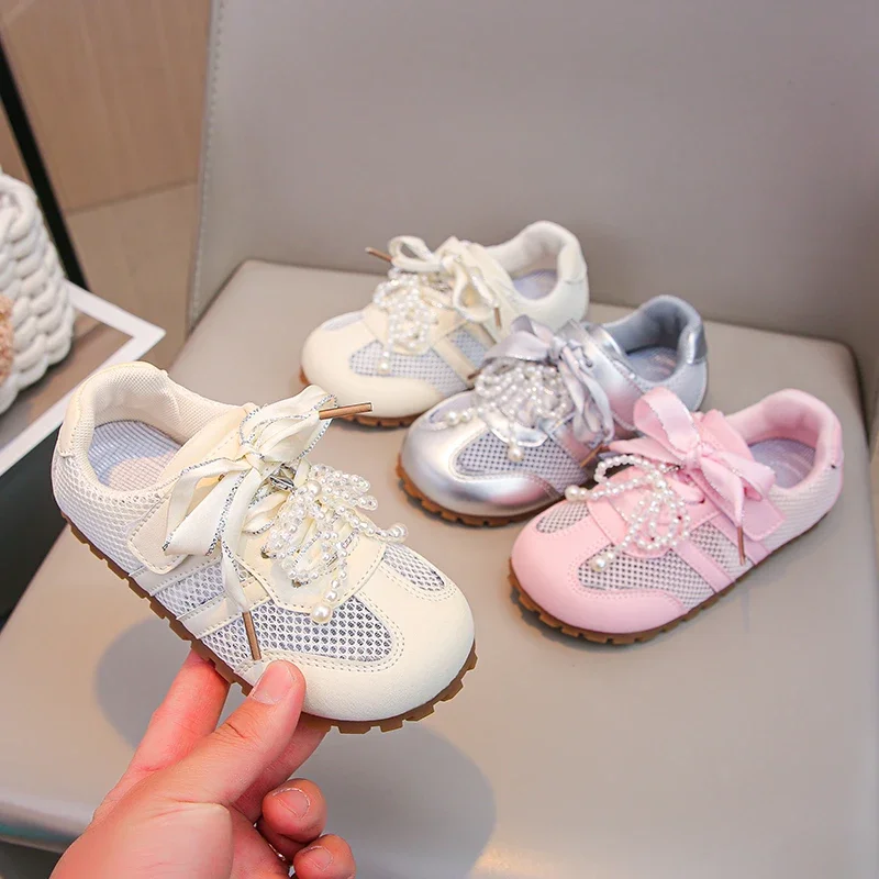 

Girls Casual Shoes Mesh Breathable Kids Princess Shoes Ribbon Bowtie 2025 New Girls Sports Shoes Hook&loop Sweet Trendy Comfort