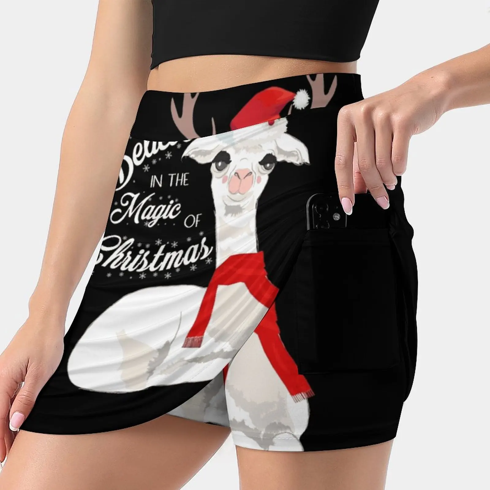 Llama Christmas Magic Women Tennis Skirts Golf Badminton Pantskirt Sports Phone Pocket Skort Llama Falalallama Llama Lovers