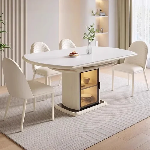 확장 식탁 투명 거실 센터 슬라이딩 모던 식탁 세트, 럭셔리 라운드 스테인레스 스틸 대리석 바 