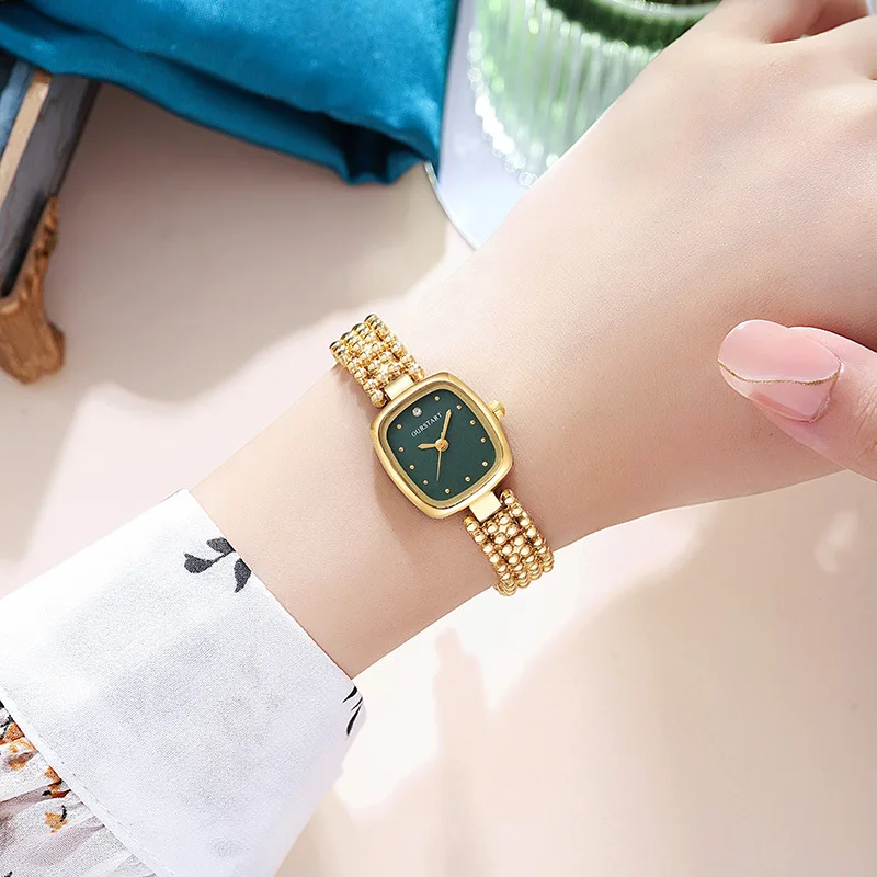 Vintage Small Square Women's Quartz Watch Bead Chain Strap Niche Light Luxury High End Feel Ladies Watch Daily Wear Girl Gifts