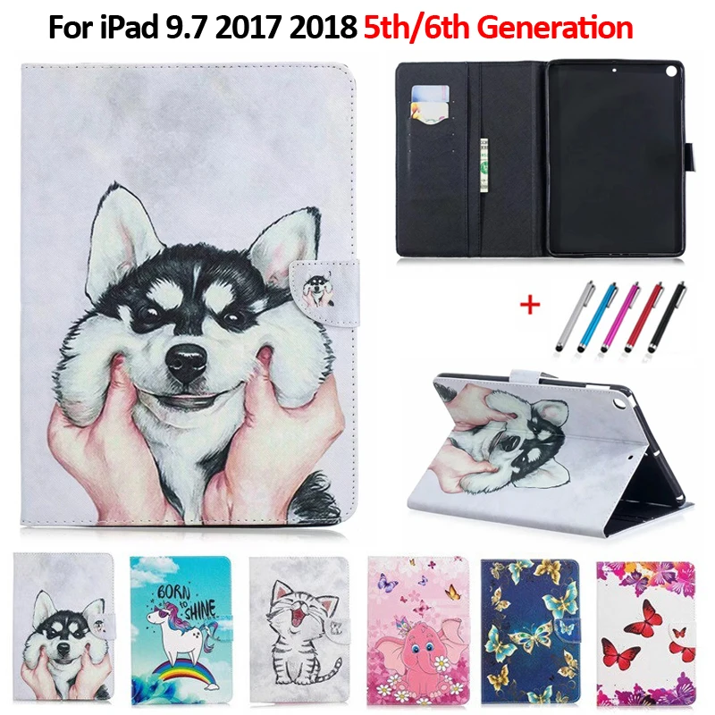 

Case For Funda iPad 2018 Case 9.7 Cute Cat Unicorn Puppy Butterfly Tablet Cover For iPad 9.7 2017/2018 6th Generation Case + Pen
