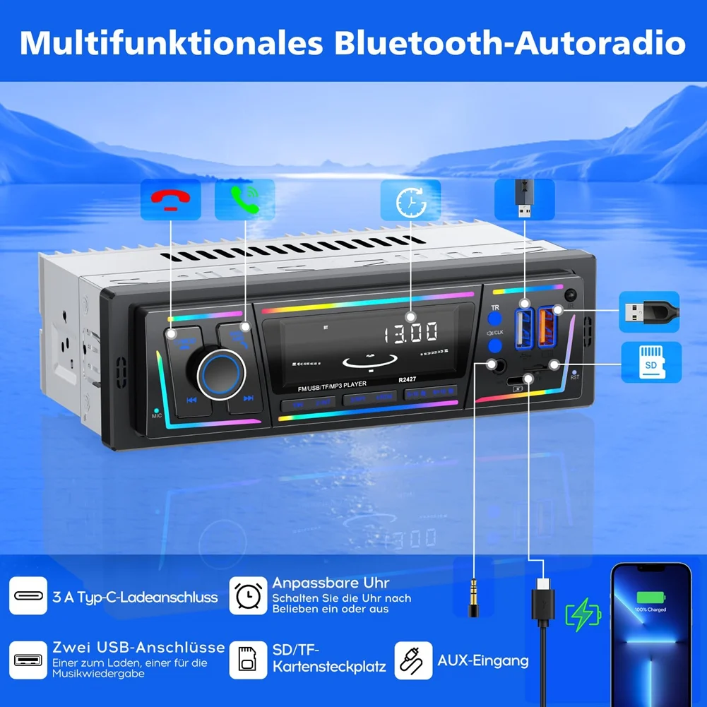 FM/AM Remote Control Car Radio With Bluetooth RDS, Type C Charging Port, 2 USB, AUX, SD, MP3 Player, DSP/EQ Functionality