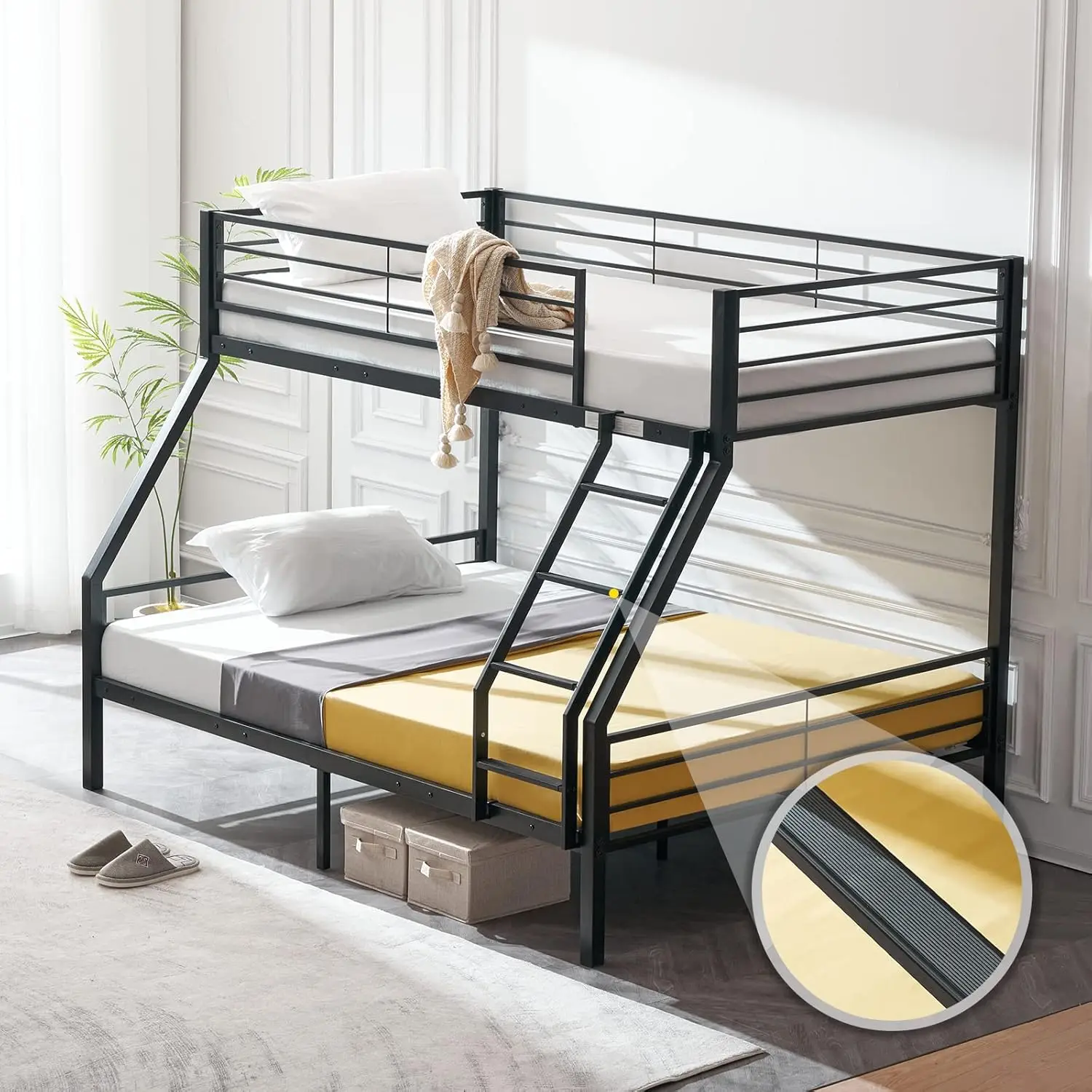 

VINGLI Twin Over Full Bunk Bed for Kids/Adults with Stairs Flat Rungs, Heavy Duty Metal Slats, No Box Spring Needed, Black